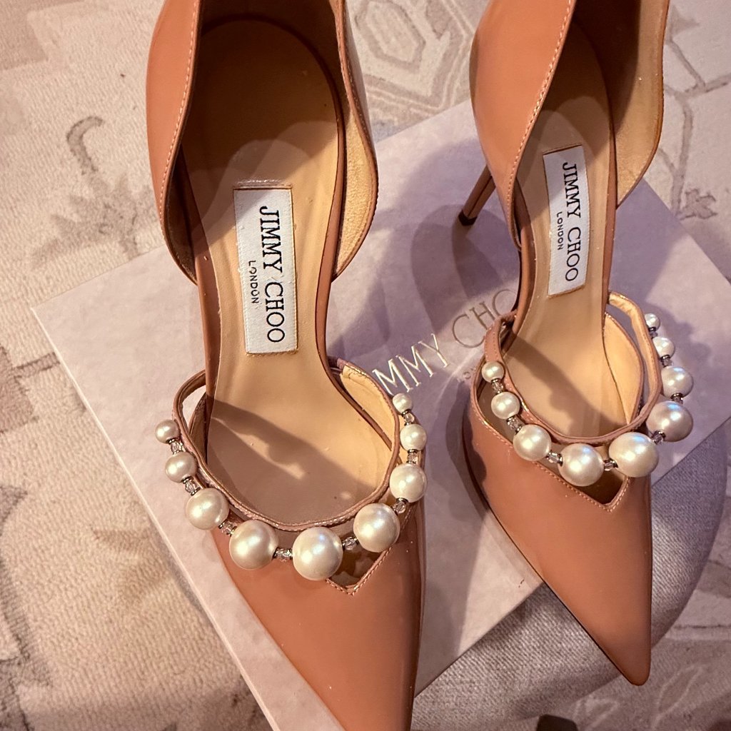 Jimmy Choo Aurelie Patent Heels With Pearl And Crystal Strap, Pointed Toe.